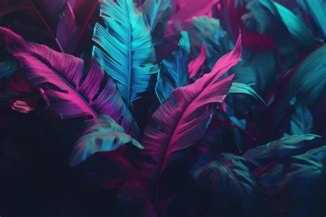 Premium AI Image | Surreal neon background tropical night exotic plant art jungle purple leaf ...