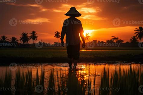 Farmer's silhouette against the backdrop of a stunning paddy field ...