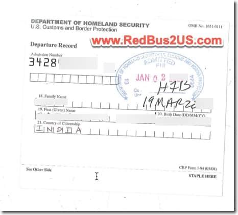 Sample I-94 form USA - Arrival / Departure Record