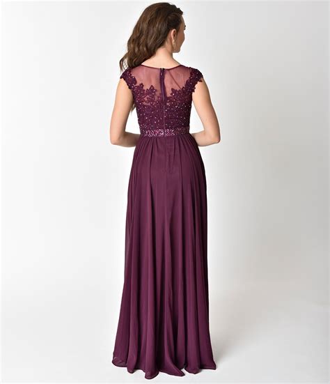 Eggplant Purple Embellished Lace & Chiffon Cap Sleeve Prom Gown ...