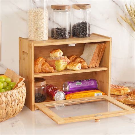 Wooden Bread Box Bamboo 2 Shelf Bread Holder Large Capacity Bread Storage Food Storage Bin with ...