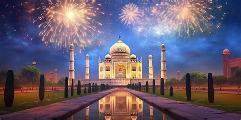 Premium AI Image | Taj Mahal at Night with Fireworks Background India Tourism Attraction ...