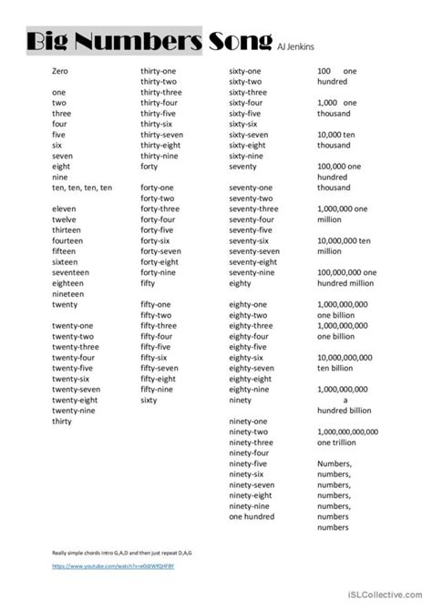 Big Numbers Song AJ Jenkins song and…: English ESL worksheets pdf & doc