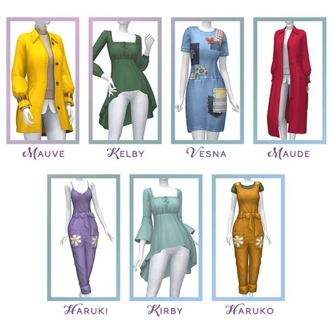 six different types of women's clothing on mannequins