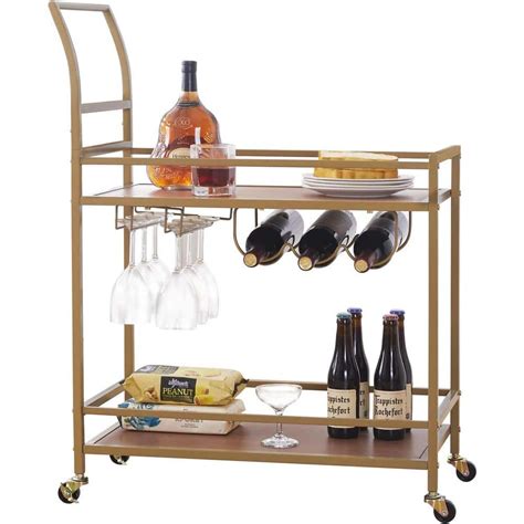 Gold Wood Wine Kitchen Cart with Wheels and Wine Rack SeaSWag03 - The ...