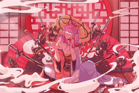 #945326 fantasy art, illustration, anime girls, anime, katana, mask, fantasy girl, pink hair ...