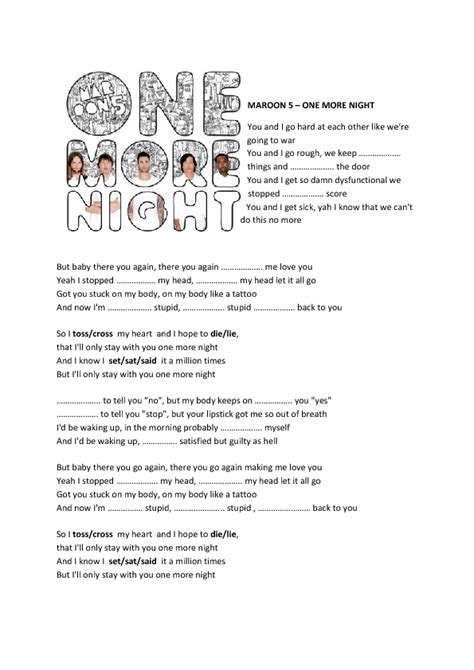 Song Worksheet: One More Night by Maroon 5