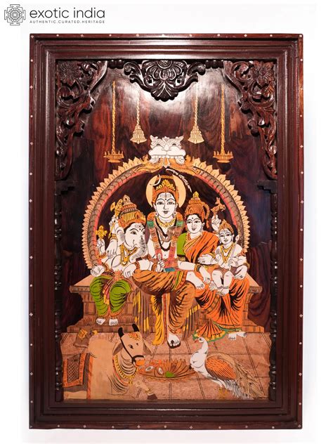 36" The Shiva Family | Natural Color On Wood Panel With Inlay Work | Exotic India Art