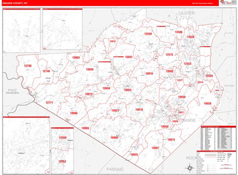 Orange County, NY Zip Code Wall Map Red Line Style by MarketMAPS - MapSales