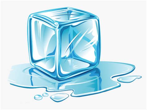 an ice cube sitting on top of a puddle of water next to a drop of water