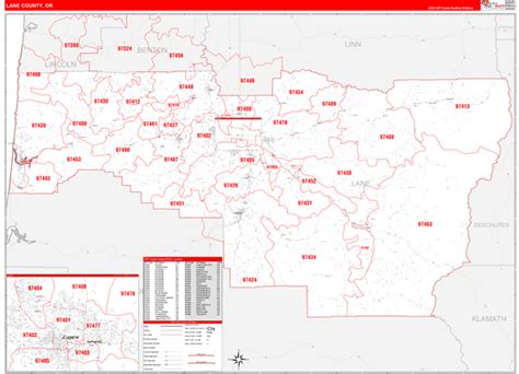 Lane County, OR Zip Code Wall Map Red Line Style by MarketMAPS - MapSales