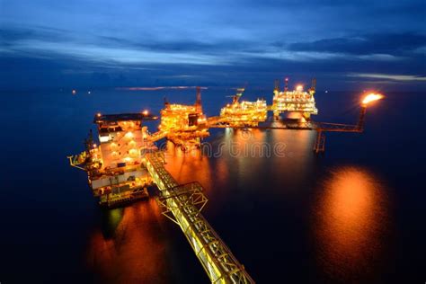 The Large Offshore Oil Rig At Night Stock Image - Image of pollution ...