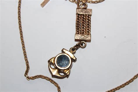 Antique Pocket Watch Chain w/ Compass & Black Stone Fob 14K Gold Plate