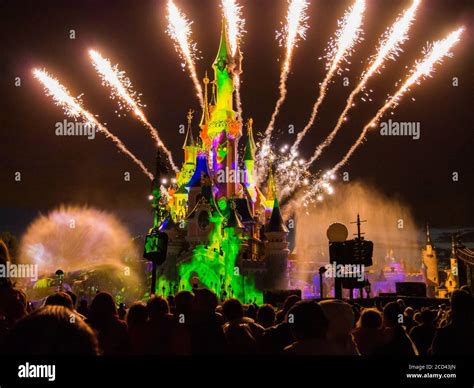 Disneyland Paris, castle with fireworks Stock Photo - Alamy