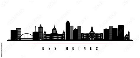 Des moines skyline horizontal banner. Black and white silhouette of Des ...