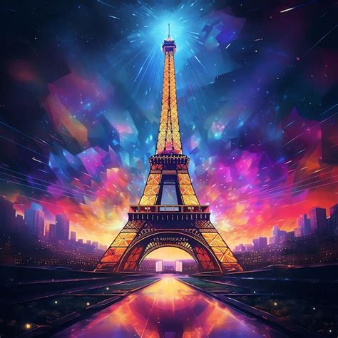 Optical Illusions of Paris Eiffel Tower Sunset Wallpaper in Picassoesque Style with Neon Color ...