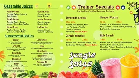 Menu of Jungle Juice's Smoothies, Juice, Acai Bowls and More