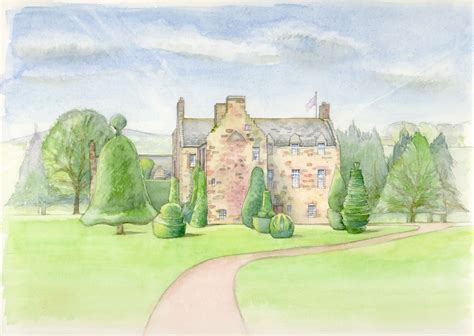 Fingask Castle near Perth, with stunning topiary! Image painted in watercolour as commission to ...