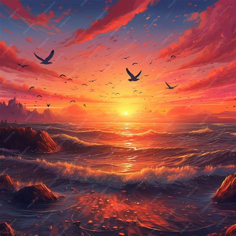 Premium AI Image | a painting of a sunset with birds flying over the ocean.