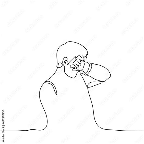 man crying - one line drawing. concept man wipes sweat from his forehead or tears, guy closes ...