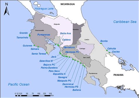 Map of Costa Rica showing the political limits of the provinces and the ...