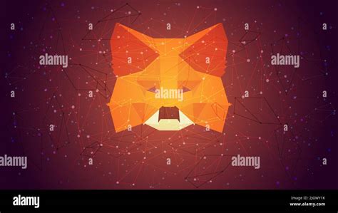 MetaMask logo sign on polygonal wireframe red background. Crypto wallet ...