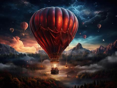 Premium Photo | A hot air balloon floating in the night sky in the style of realistic ...