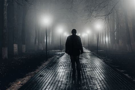 Sad Man Alone Walking Along The Alley In Night Foggy Park Back View Stock Photo - Download Image ...