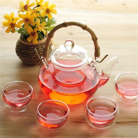 Bamboo handle 600ml Glass teapot with infuser/filter+ 4/6 Cup+gift,tea set for oolong/herbal ...