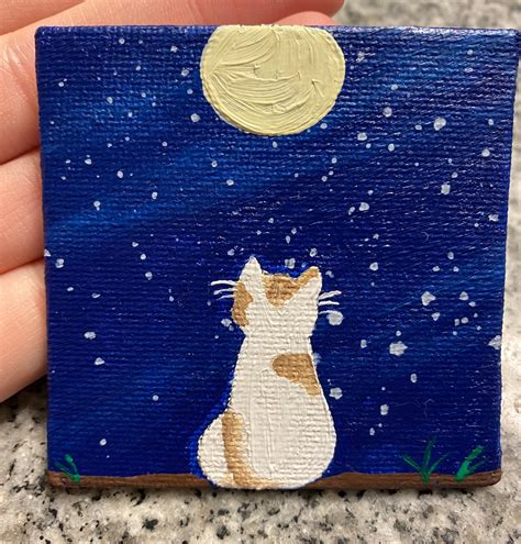 Cat Looking up at the Moon, Mini Painting, Hand Painted, Mini Canvas - Etsy