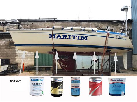 Sailing boat hull with a patchwork of anti-fouling paints for studying biofouling growth