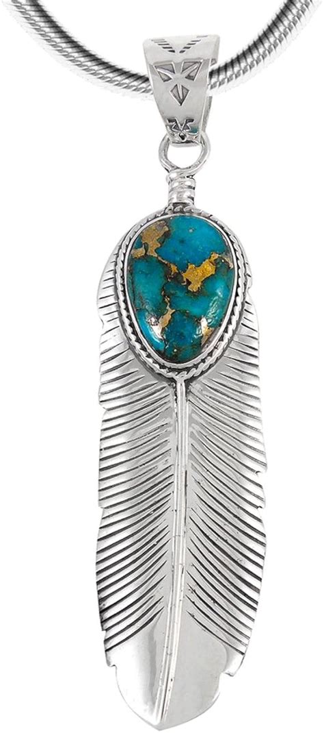 Amazon.com: Turquoise Feather Pendant Necklace in Sterling Silver 925 ...