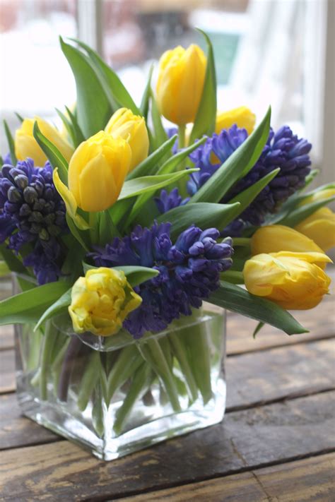 yellow tulip blue hyacinth spring flowers | Tulips arrangement, Flower ...