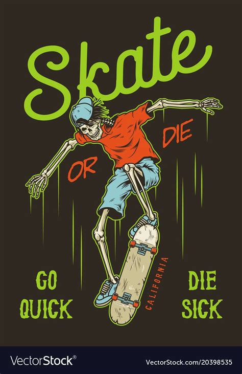 Vintage skateboarding poster with skeleton. Vector colour illustration ...