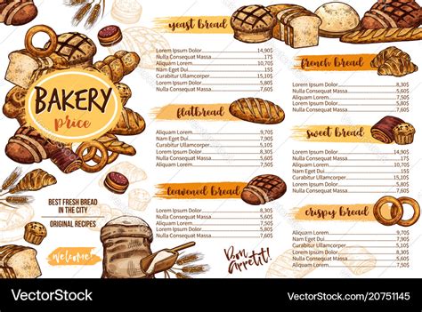 Bakery menu template of bread for cafe and pastry Vector Image