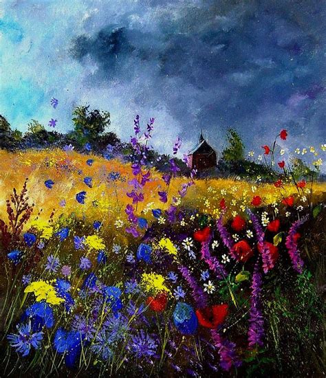 Old chapel and flowers Painting by Pol Ledent