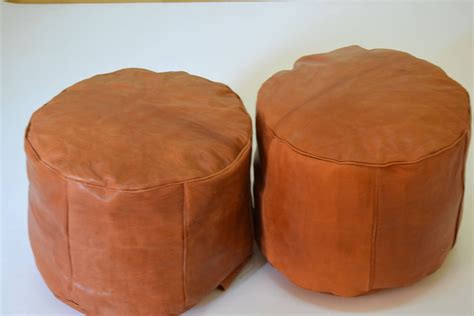 Set of 2 Moroccan leather tan poufs ottoman floor round pouf | Etsy ...