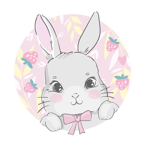 Premium Vector | Hand Drawn Cute Bunny with strawberry leaves and berries