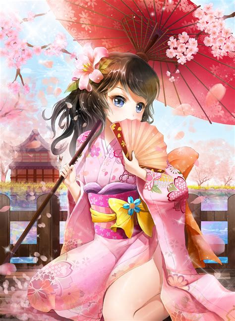 Wallpaper : illustration, anime girls, umbrella, original characters, Japanese clothes, pink ...