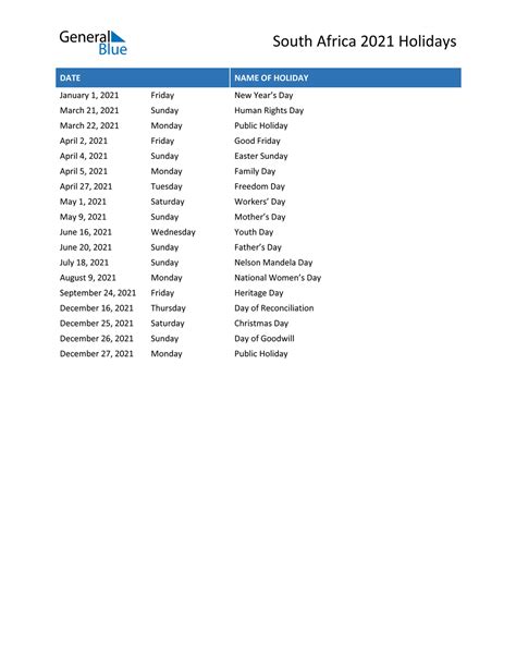 South Africa Holidays 2021 in PDF, Word and Excel