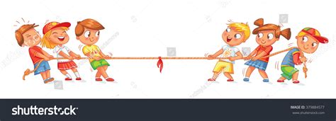 Children Pull The Rope. Kids Playing Tug Of War. Funny Cartoon ...