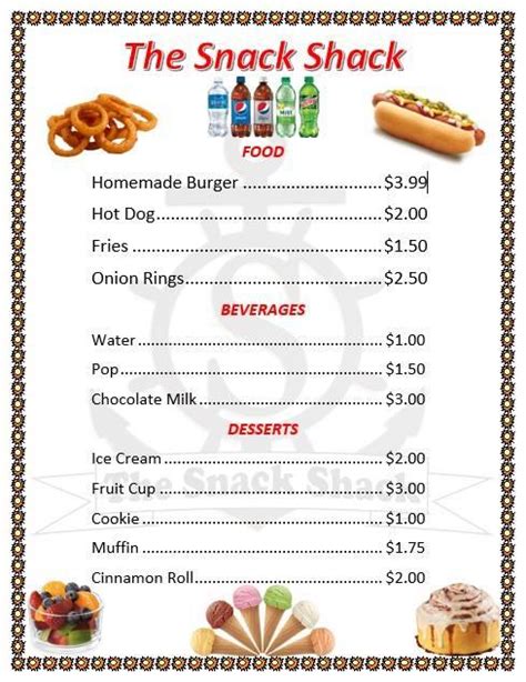 Menu at The Snack Shack restaurant, Sydney