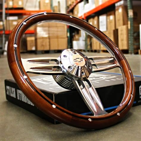 14" Inch Polished & Wood Steering Wheel Chevy Bowtie Horn , 6 Hole C10 ...