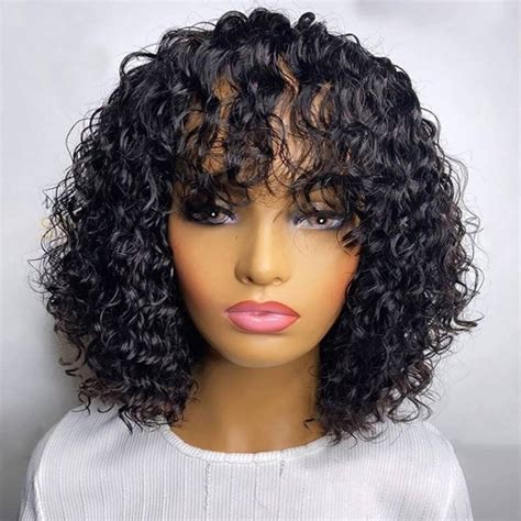 LuvMe Hair 10Inch Short Curly Wigs with Bangs Water Wave Bob Wig Human ...