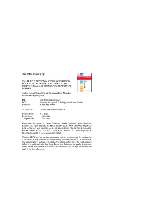 (PDF) RP-HPLC detection and dosage method for acrylic monomers and degradation products released ...