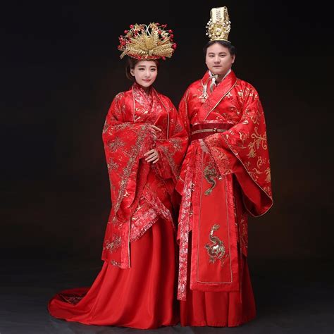 Chinese style wedding Groom bride red Hanfu dress costume show Emperor Queen Robe Suit Overseas ...