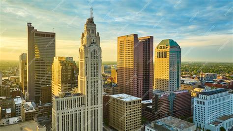 Premium Photo | Columbus ohio heart of downtown aerial at sunrise with ...