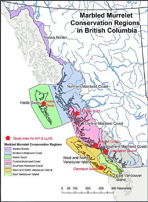 Map showing the seven Marbled Murrelet Conservation Regions within ...