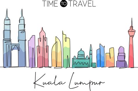 Single continuous line drawing of Kuala Lumpur city skyline, Malaysia ...