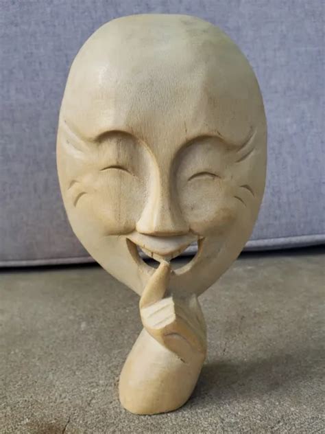 WHIMSICAL ASIAN FACE Wood Hand-Carved Carving Sculpture Mid-Century Modern Art $34.99 - PicClick